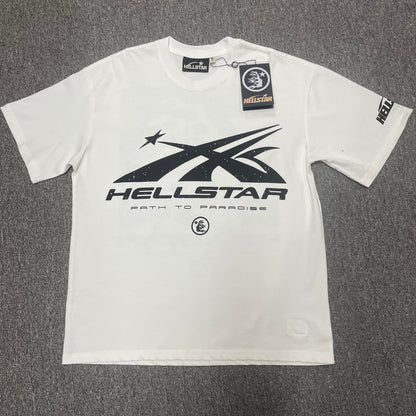 Hellstar Path to Paradise Logo T-Shirt in white front view with oversized black motion-star graphic