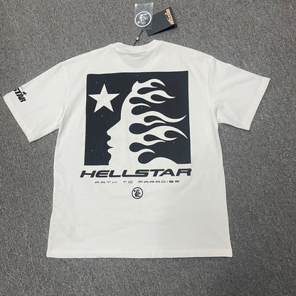 Hellstar Path to Paradise white T-shirt back view with large black flame-face logo graphic