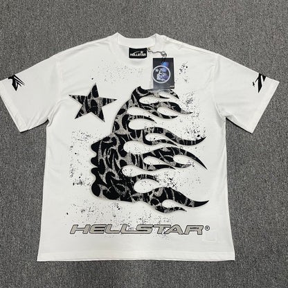 Hellstar Flame Tribal Motion T-Shirt in White front view with oversized black flame-profile graphic