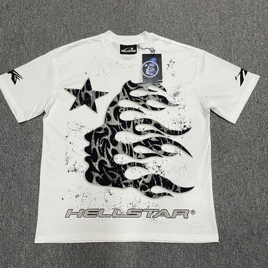 Hellstar Flame Tribal Motion T-Shirt in White front view with oversized black flame-profile graphic