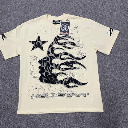 Hellstar Flame Tribal Motion T-Shirt in Cream front view with oversized black tribal flame graphic
