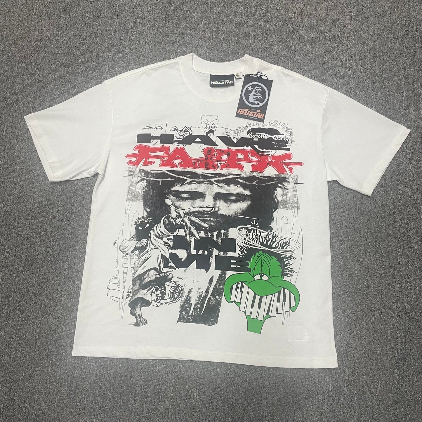 Hellstar Sports Family T-Shirt in white front view with oversized multicolor collage graphic