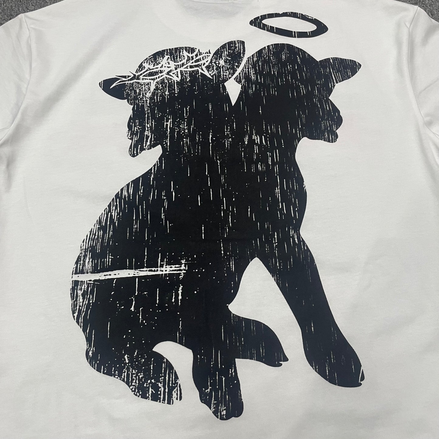 Full back graphic with oversized FAMILY lettering on the Hellstar Sports Family T-Shirt
Large black FAMILY wordmark printed across the back of the white Hellstar T-shirt
Close-up of the distressed black FAMILY lettering on the Hellstar Sports T-shirt
