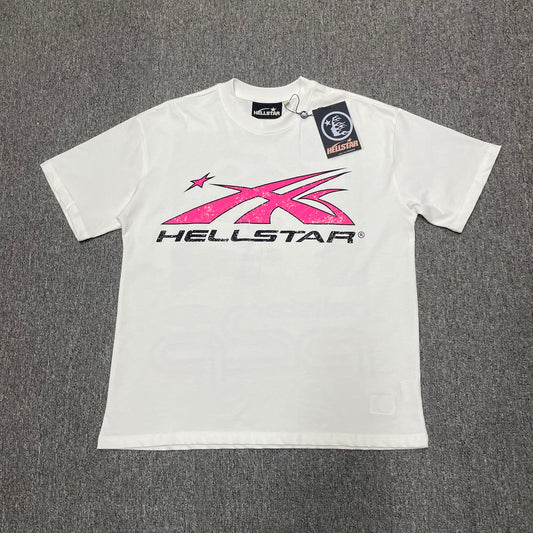 Hellstar Sport Logo T-Shirt in White and Pink front view with oversized motion-star graphic