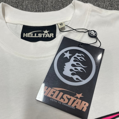 Hellstar branded neck label and crew-neck stitching on the Sport Logo T-Shirt
White ribbed crew-neck collar and stitching detail on the Hellstar graphic T-shirt
Size label detail inside the White and Pink Hellstar Sport Logo T-Shirt
Front view of the Hellstar flame and star logo hangtag