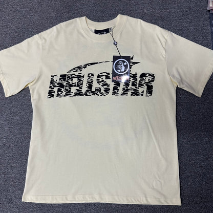 Hellstar Classic Logo Gel Print T-Shirt in cream front view with black flame-pattern wordmark