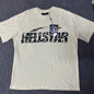 Hellstar Classic Logo Gel Print T-Shirt in cream front view with black flame-pattern wordmark