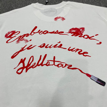 Full rear graphic print on the white Hellstar French Kiss T-Shirt
Close-up of the back artwork on the Hellstar French Kiss graphic T-shirt
Detailed view of the rear graphic print texture on the Hellstar French Kiss T-Shirt