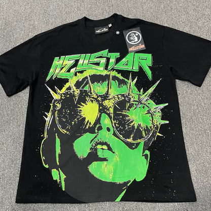 Hellstar The Future T-Shirt in black front view with neon portrait and spiked goggles graphic