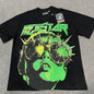 Hellstar The Future T-Shirt in black front view with neon portrait and spiked goggles graphic