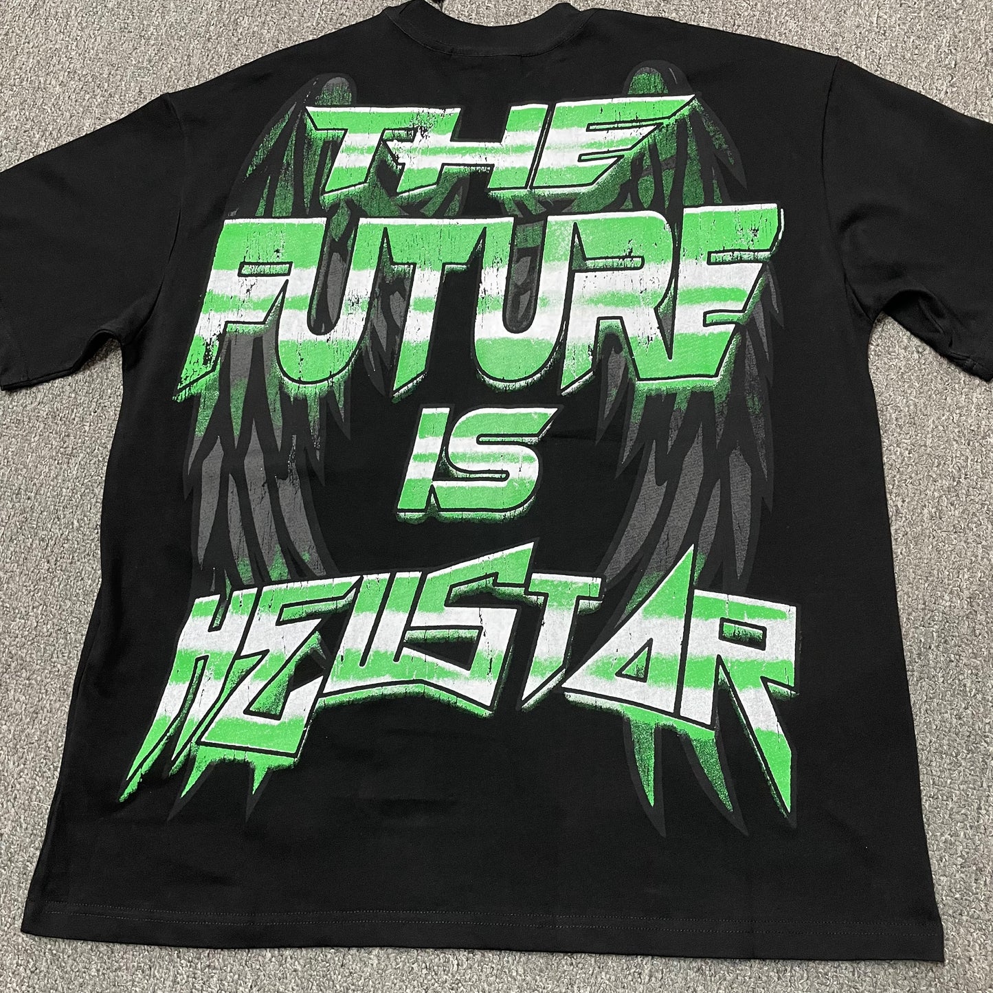 Hellstar The Future black T-shirt back view with slogan lettering and full rear graphic artwork