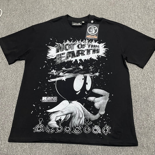 Hellstar Not of This Earth T-Shirt in black front view with oversized monochrome space character graphic