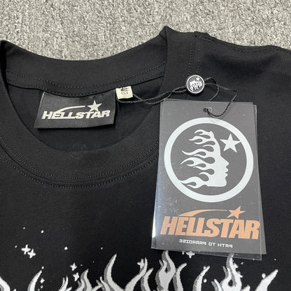 Hellstar branded neck label and crew-neck stitching on the Not of This Earth T-Shirt
Black ribbed crew-neck collar and stitching detail on the Hellstar graphic T-shirt
Size label detail inside the black Hellstar Not of This Earth graphic T-shirt