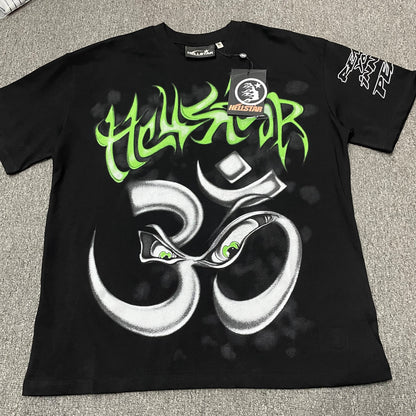 Hellstar Reach Your Inner Peace Om T-Shirt in black front view with green logo and silver yoga graphic