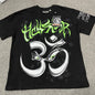 Hellstar Reach Your Inner Peace Om T-Shirt in black front view with green logo and silver yoga graphic