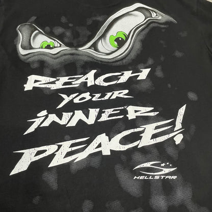 Full rear yoga-inspired graphic artwork on the Hellstar Reach Your Inner Peace Om T-Shirt
Close-up of the back graphic print on the Hellstar Reach Your Inner Peace T-Shirt
Reach Your Inner Peace lettering detail on the back of the Hellstar yoga T-shirt