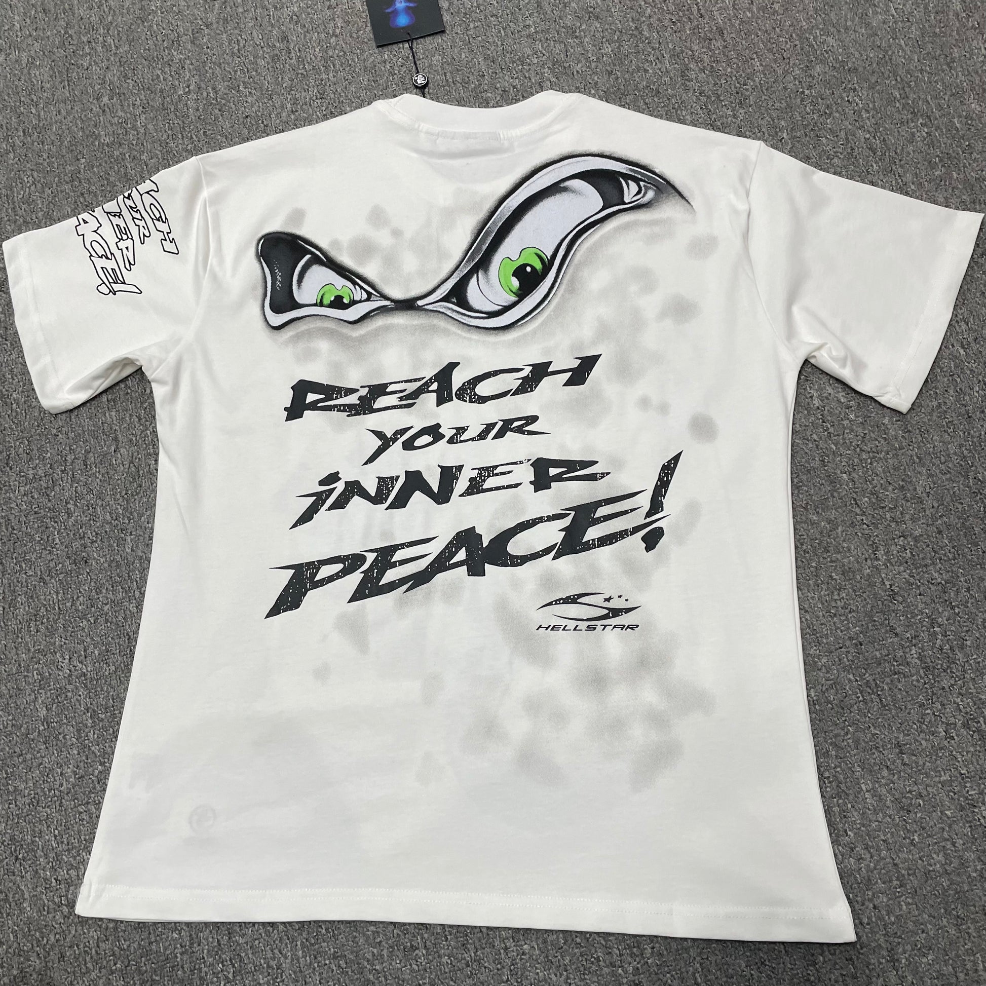 Hellstar Reach Your Inner Peace white T-shirt back view with full yoga-inspired graphic artwork