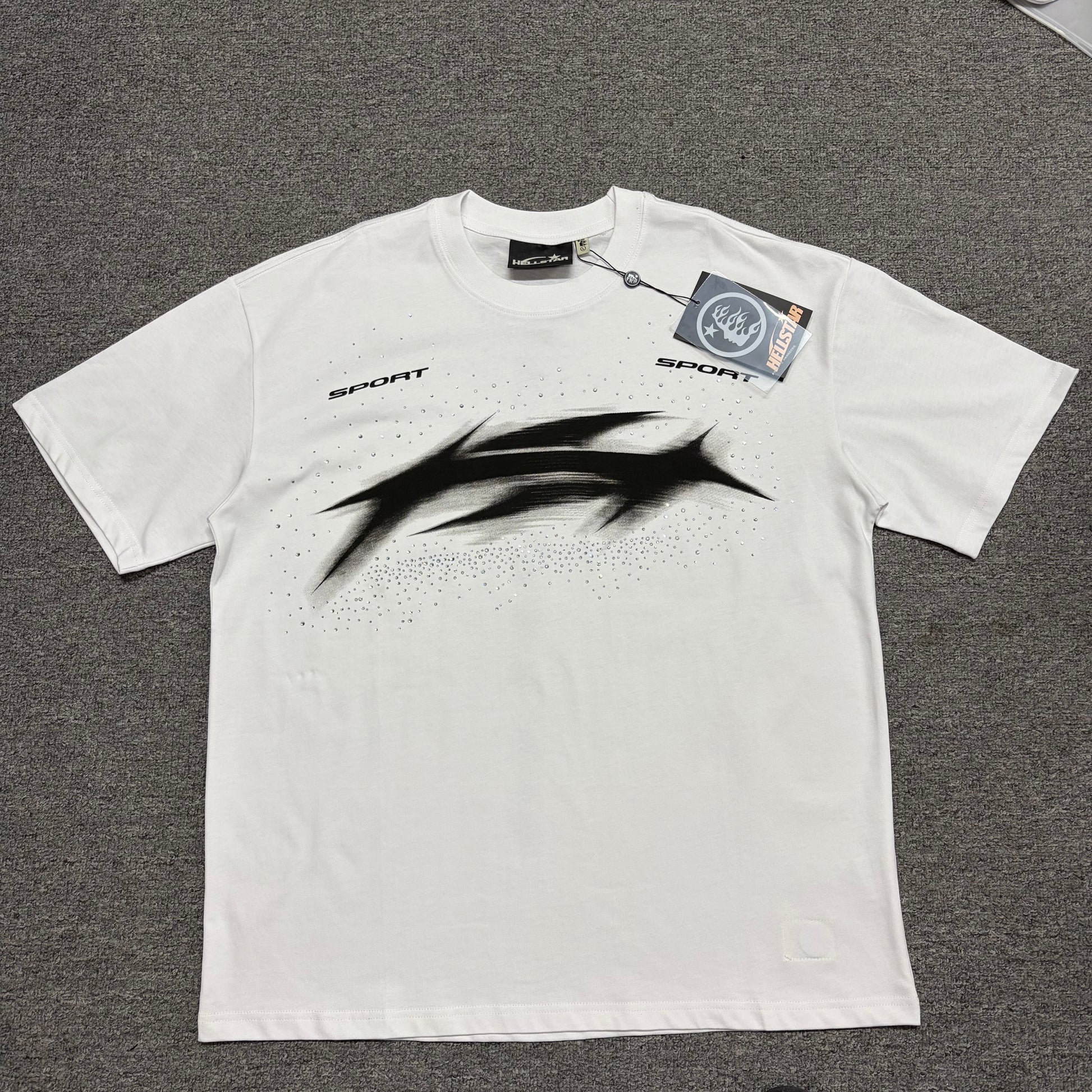 Hellstar Blur Rhinestone T-Shirt in white front view with distorted black motion graphic