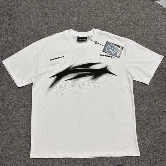 Hellstar Blur Rhinestone T-Shirt in white front view with distorted black motion graphic