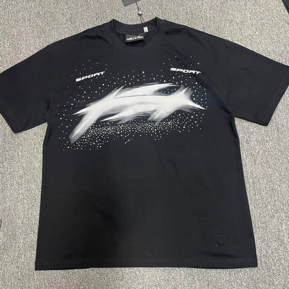 Hellstar Blur Rhinestone T-Shirt in black front view with distorted white motion graphic