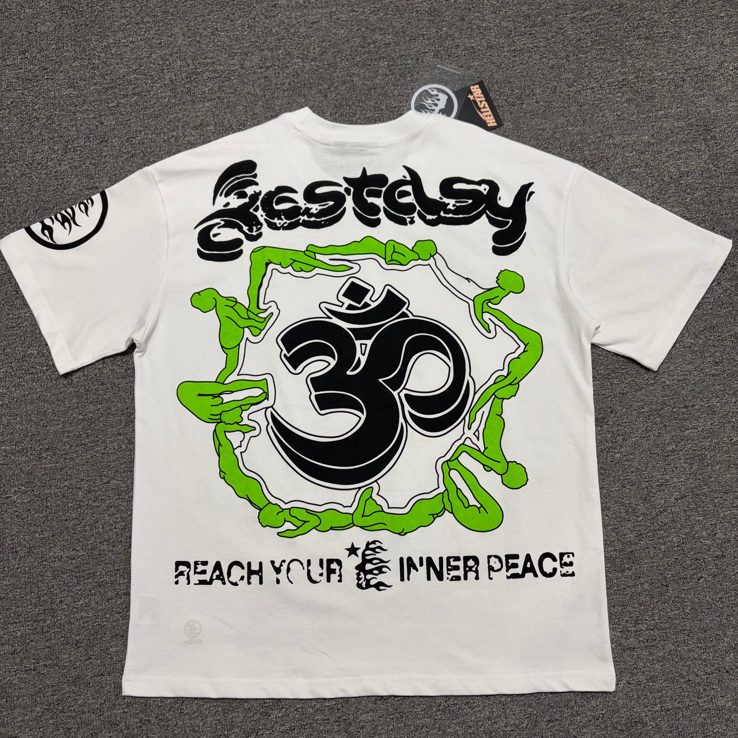 Hellstar Reach Your Inner Peace white T-shirt back view with Ecstasy lettering and large Om yoga graphic