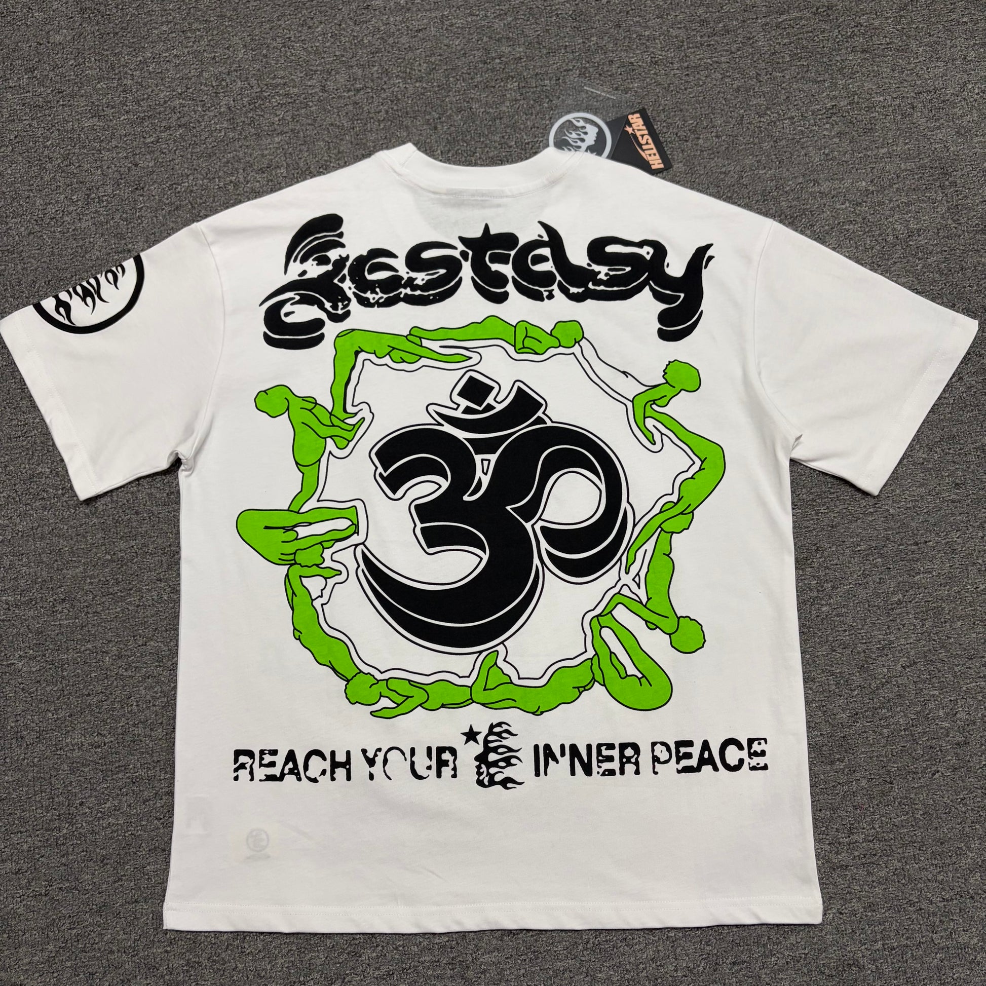 Hellstar Reach Your Inner Peace white T-shirt back view with Ecstasy lettering and large Om yoga graphic