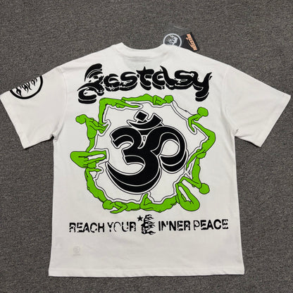 Hellstar Reach Your Inner Peace white T-shirt back view with Ecstasy lettering and large Om yoga graphic