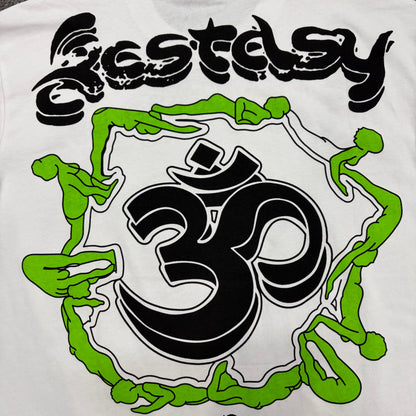Full green black and silver Om graphic on the front of the white Hellstar T-Shirt