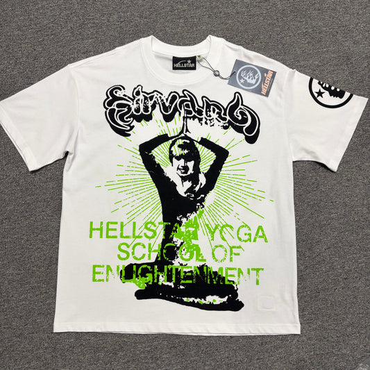 Hellstar Reach Your Inner Peace Om T-Shirt in white front view with green logo and oversized Om graphic