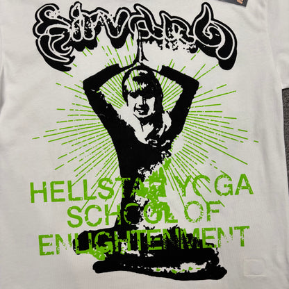 Green yoga figures surrounding the Om symbol on the back of the Hellstar T-Shirt