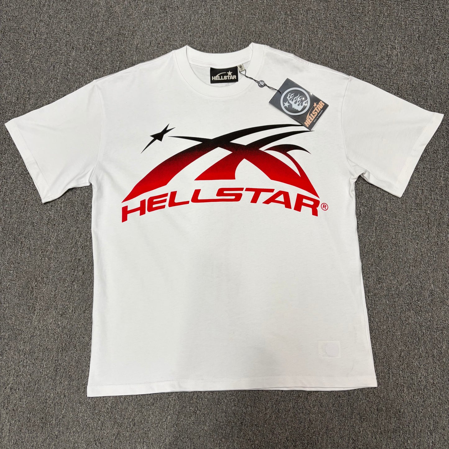 Hellstar Gradient Flame Sports Logo T-Shirt in white front view with red-to-black motion graphic