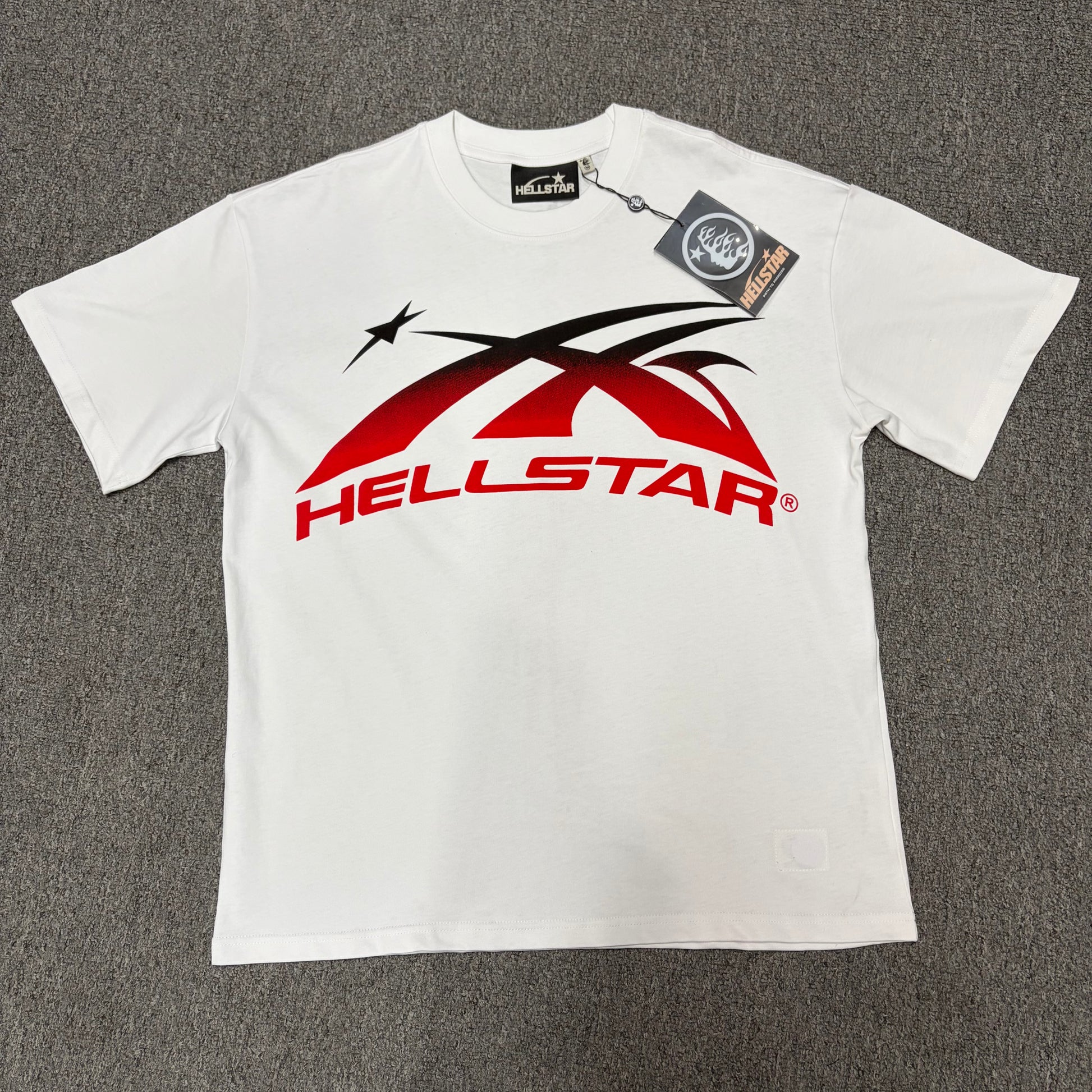 Hellstar Gradient Flame Sports Logo T-Shirt in white front view with red-to-black motion graphic