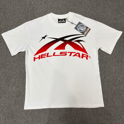 Hellstar Gradient Flame Sports Logo T-Shirt in white front view with red-to-black motion graphic
