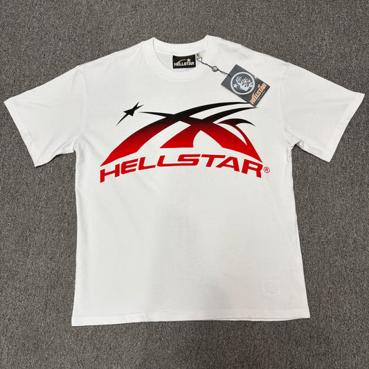 Hellstar Gradient Flame Sports Logo T-Shirt in white front view with red-to-black motion graphic