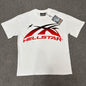 Hellstar Gradient Flame Sports Logo T-Shirt in white front view with red-to-black motion graphic