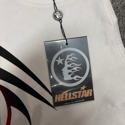 Hellstar branded hangtag attached to the Gradient Flame Sports Logo T-Shirt