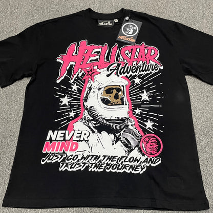 Hellstar Adventure Astronaut T-Shirt in black front view with pink skull astronaut graphic