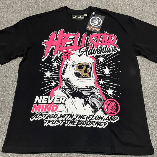 Hellstar Adventure Astronaut T-Shirt in black front view with pink skull astronaut graphic