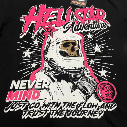 Full Hellstar Adventure astronaut graphic printed across the front of the black T-shirt
Bold pink Hellstar logo lettering above the astronaut graphic on the black T-shirt
Close-up of the skull inside the astronaut helmet on the Hellstar Adventure T-Shirt
Never Mind slogan printed beside the astronaut graphic on the Hellstar T-Shirt