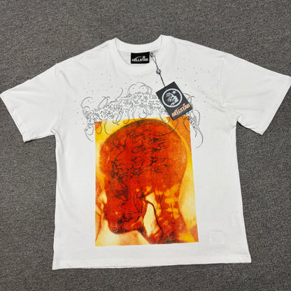 Hellstar Xray Rhinestone T-Shirt in white front view with oversized orange head-scan graphic