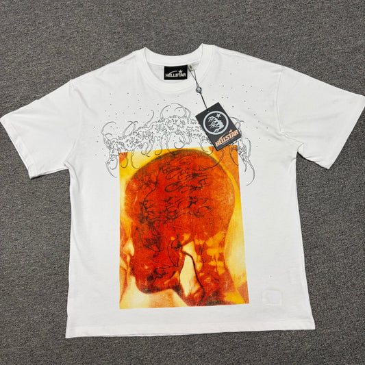 Hellstar Xray Rhinestone T-Shirt in white front view with oversized orange head-scan graphic