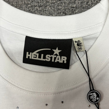 Hellstar branded neck label and crew-neck stitching on the Xray T-Shirt
White ribbed crew-neck collar and stitching detail on the Hellstar Xray T-Shirt
Size label detail inside the white Hellstar Xray Graphic T-Shirt