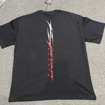 Hellstar Red Gradient Sports Logo black T-shirt back view showing the complete rear design