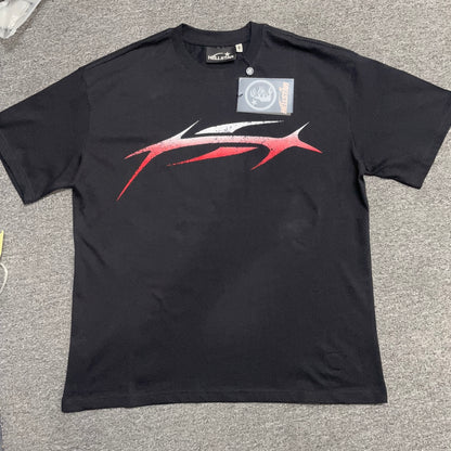 Wholesale Hellstar Sports Logo T-shirt in black with a red-to-white gradient graphic, complete tags, ready stock and mixed MOQ 25 pieces.