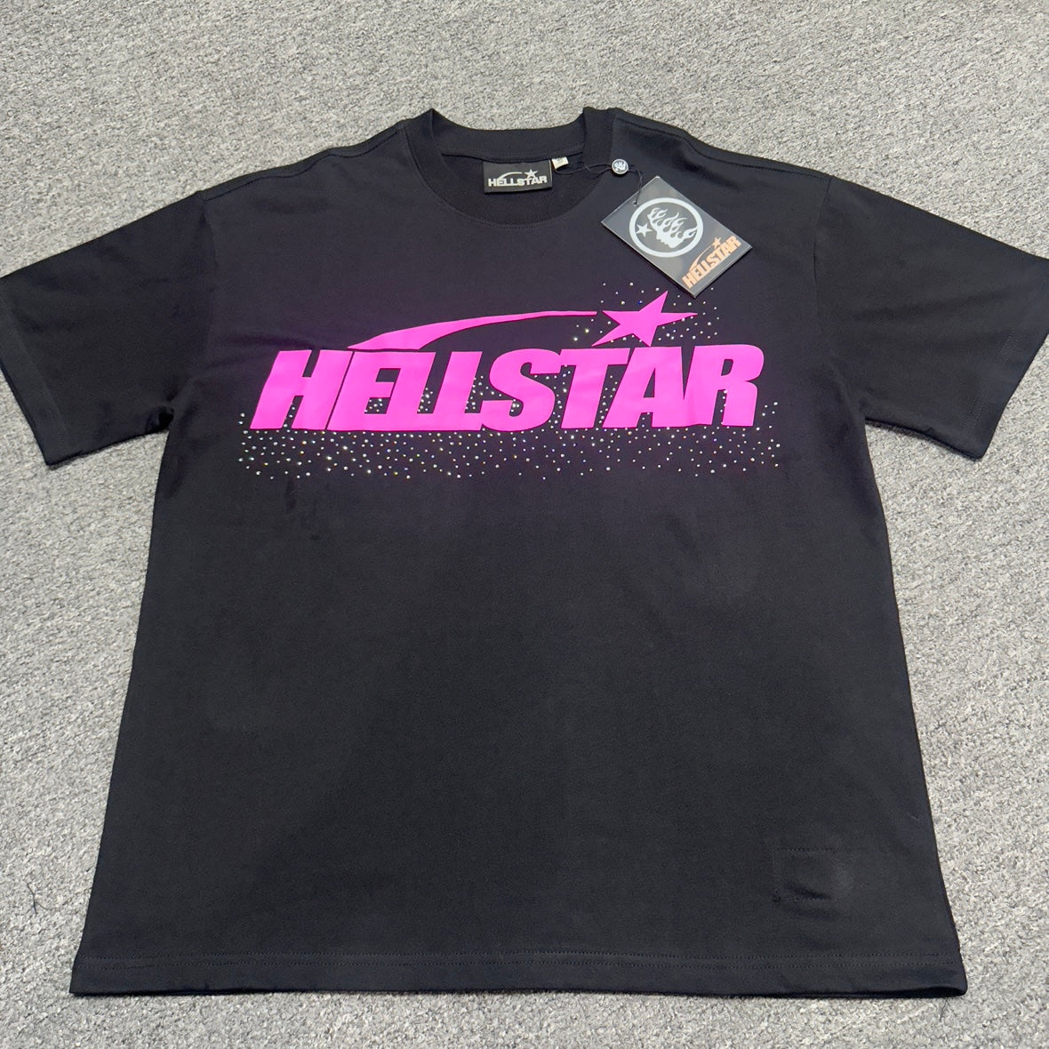 Hellstar Classic Rhinestone Logo T-Shirt black front view with pink logo graphic and rhinestone detail
