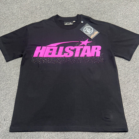 Hellstar Classic Rhinestone Logo T-Shirt black front view with pink logo graphic and rhinestone detail