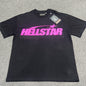 Hellstar Classic Rhinestone Logo T-Shirt black front view with pink logo graphic and rhinestone detail