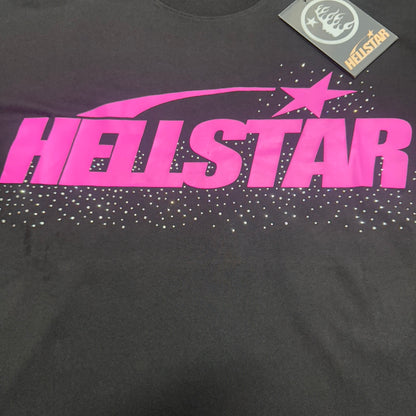 Hellstar Classic Rhinestone Logo T-Shirt black front view with pink logo graphic and rhinestone detail
Close-up of the pink Hellstar logo print on the black Classic Rhinestone Logo T-Shirt
Close-up of the rhinestone detail across the chest on the Hellstar Classic Rhinestone Logo T-Shirt