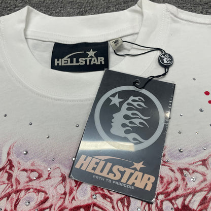 Hellstar woven neck label inside Red Face white graphic T-shirt
Hellstar size label detail on Red Face white graphic T-shirt
Hellstar branded hangtag attached to Red Face rhinestone graphic T-shirt