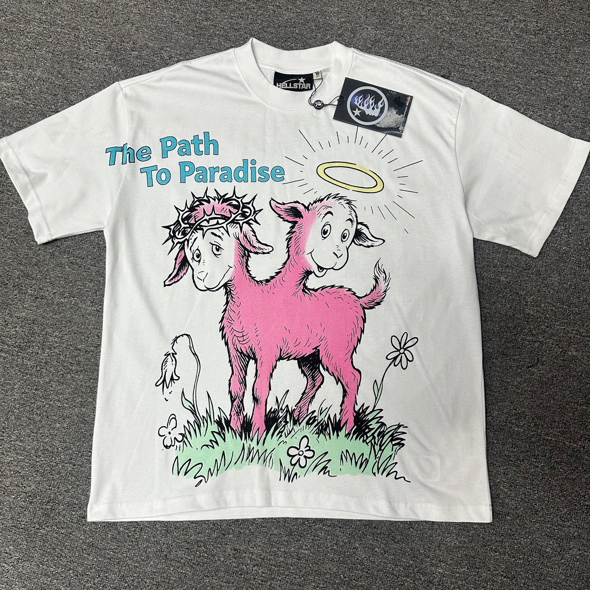 Hellstar Paradise Lambs graphic T-shirt in white front view with two-headed pink lamb artwork